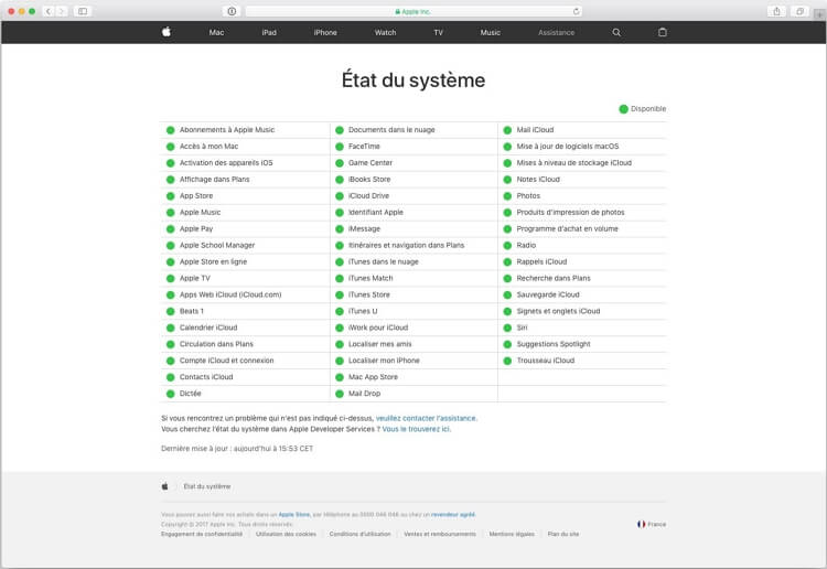 Consultez la page « État du système » du serveur Apple