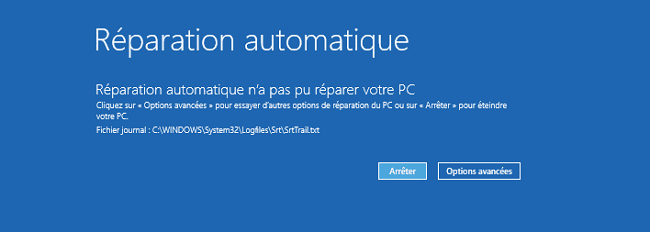 écran bleu Windows 10 avec l'erreur de réparation automatique