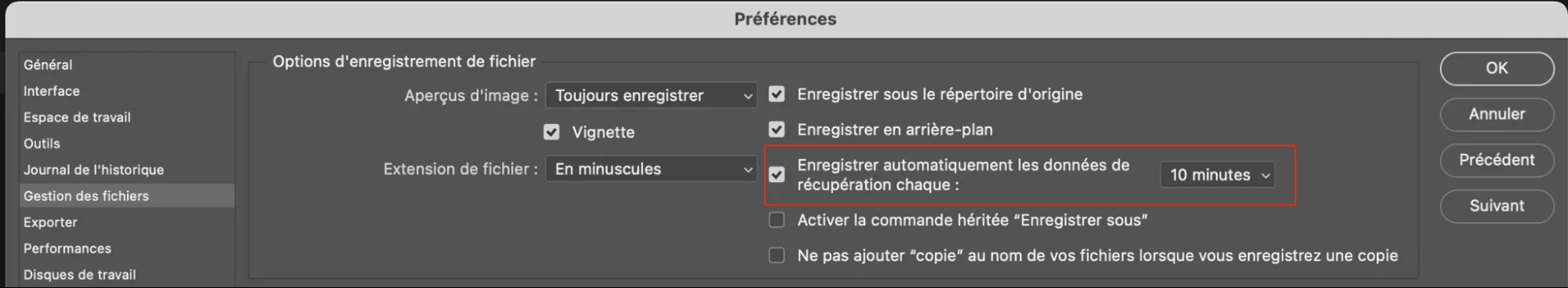 enregistrement automatique des données dans Photoshop