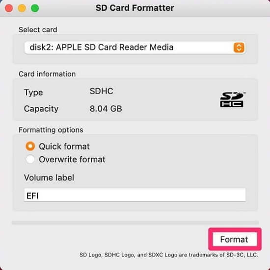 outil de formatage pour formater les cartes SD