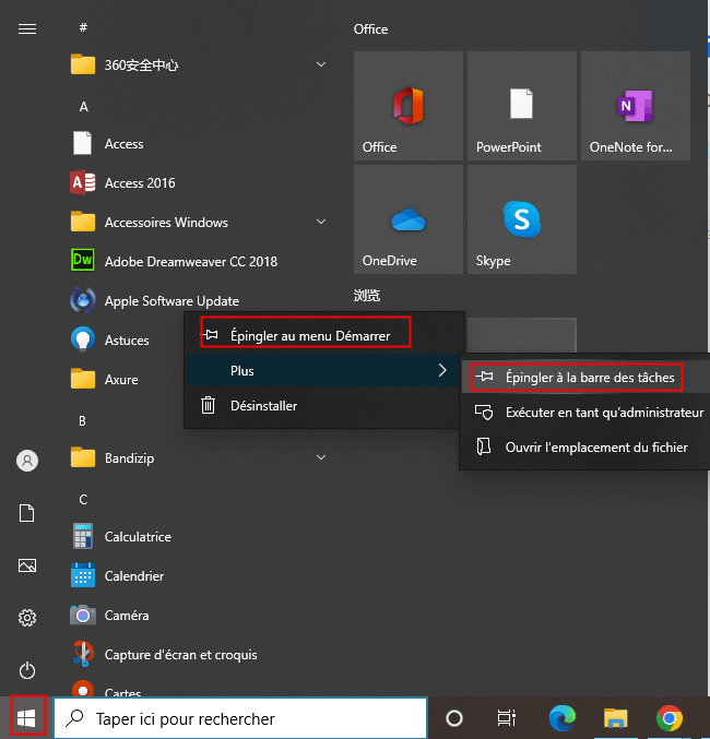 Épingler à la barre des tâches  l'icône de bureau disparu dans Windows 10 