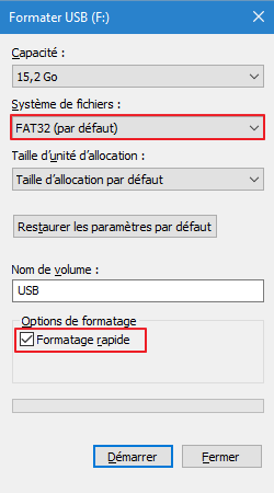 paramètres de formatage des clés USB en FAT32