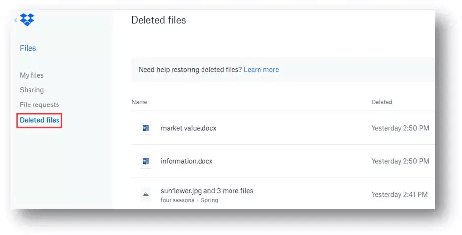 Utiliser le dossier Fichiers supprimés Dropbox