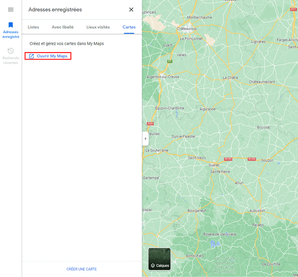 Google Maps option Ouvrir My Maps pour faire un itinéraire sur Google Maps