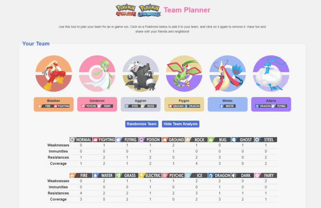 interface de Pokémon Team Planner