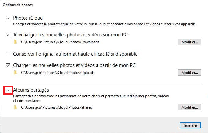 Activation de Photothèque iCloud pour Windows
