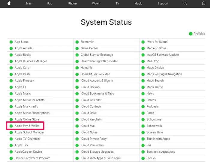 Vérifier l'état du système d'Apple Pay