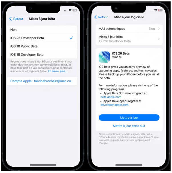 Mettre à jour l'iPhone vers iOS 26 Beta