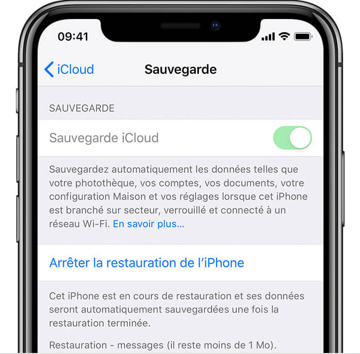 Arrêter la restauration de la sauvegarde iCloud l'iPhone
