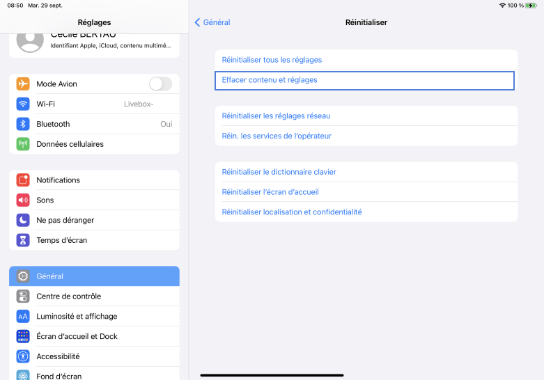 Effacer contenu et réglages iPad