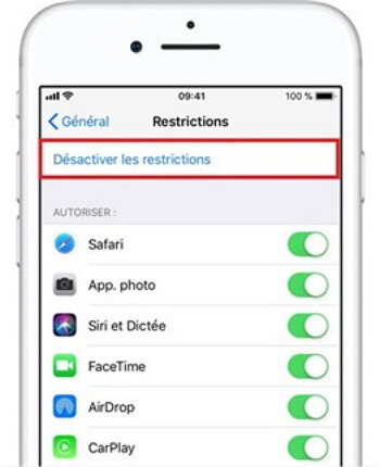 désactiver les restrictions dans iOS 10