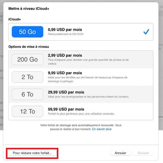 réduire votre forfait iCloud+ Mac