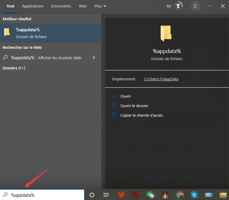 Tapez « %appdata% » dans la recherche de fichiers