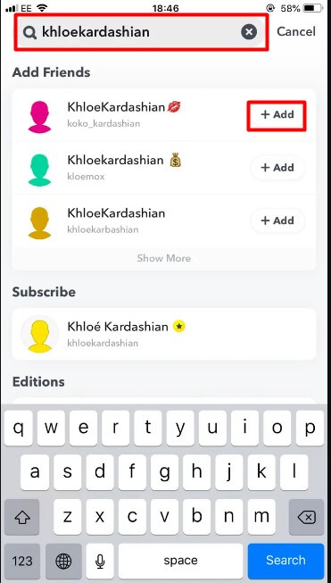 Appuyez sur + Ajouter à côté de son nom pour ajouter anis sur snapchat