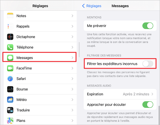 activer le filtre de messages intégré à iOS