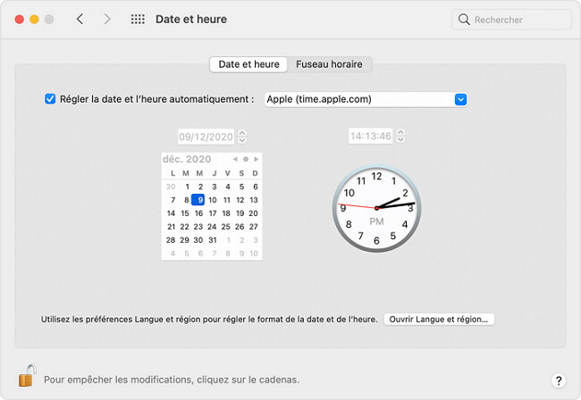 Réglage automatique de la date et de l'heure pour Mac