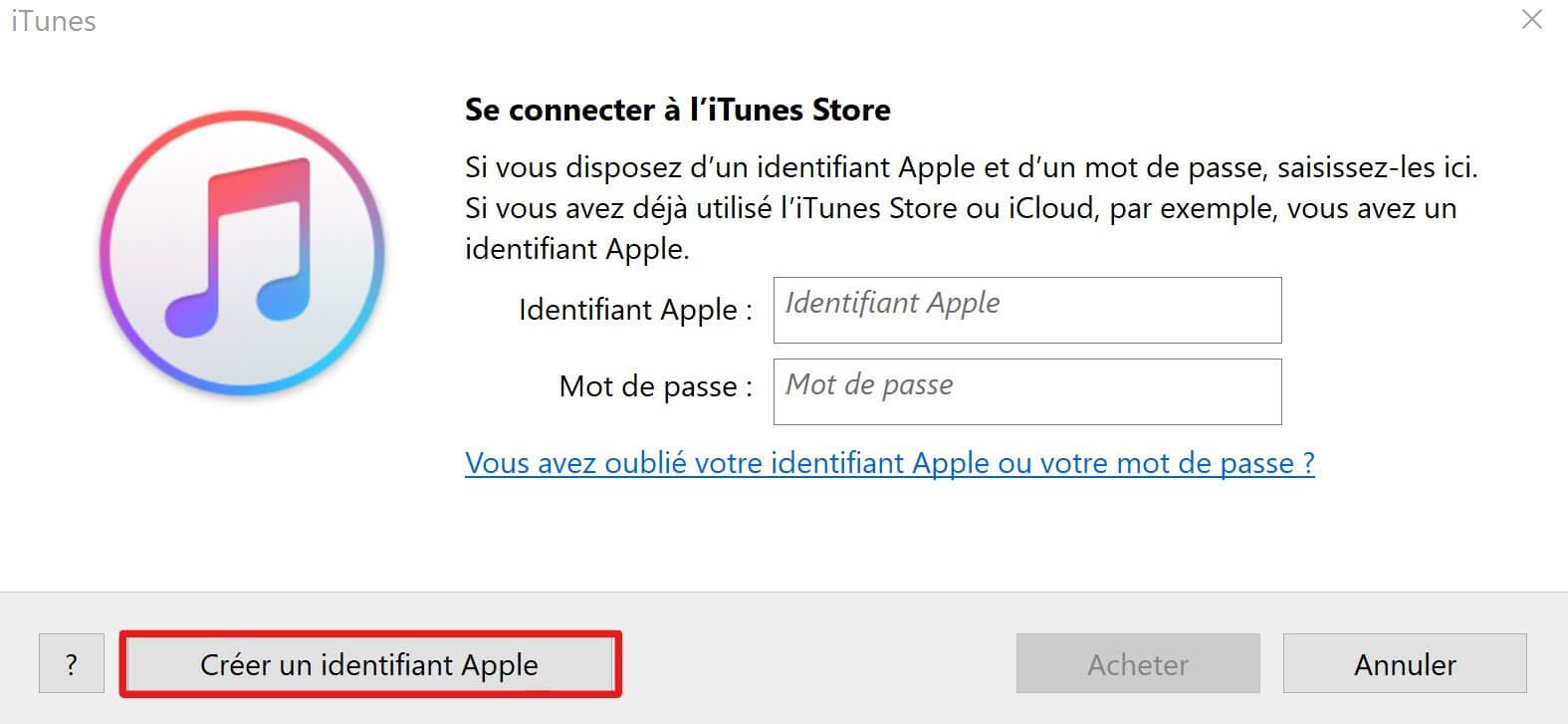 La page principale d'iTunes créer un compte iCloud