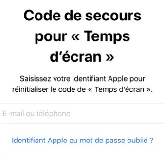 entrez l'identifiant Apple pour configurer le code de Temps d'écran