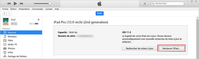 réinitialisation iPad sans compte iCloud avec iTunes