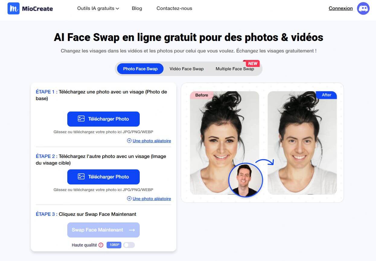 MioCreate, outil face swap IA en ligne gratuit pour des vidéos et photos