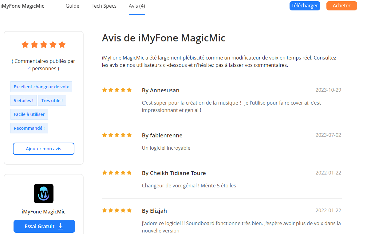 Avis des utilisateurs d'iMyFone Magicmic