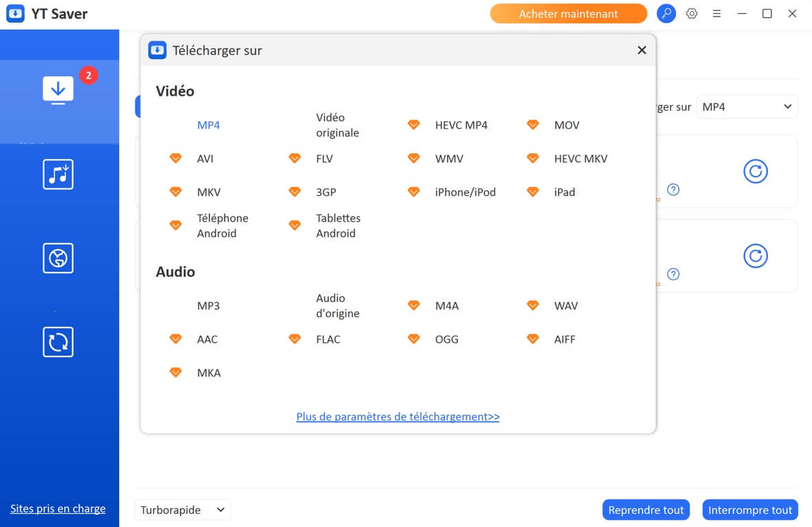 Sélectionnez le format de sortie pour vidéos OnlyFans