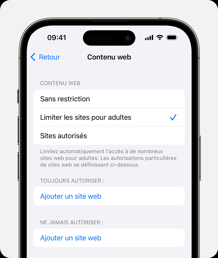 bloquer sites X pour aldutes avec le temps d'écran sur iPhone