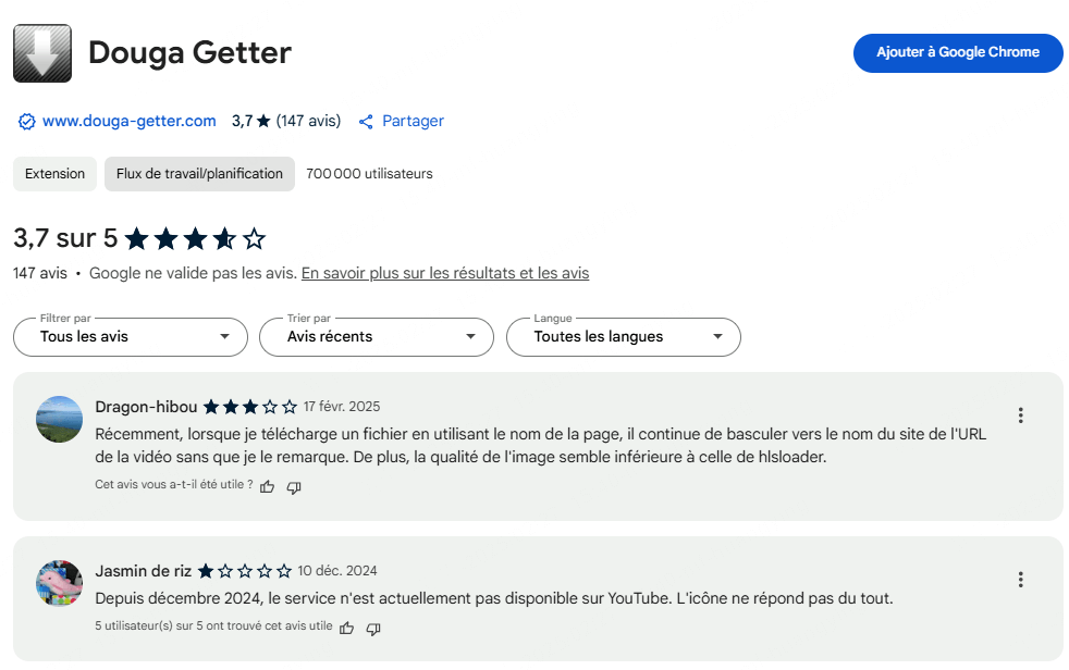 Avis d'utilisateur de Douga Getter