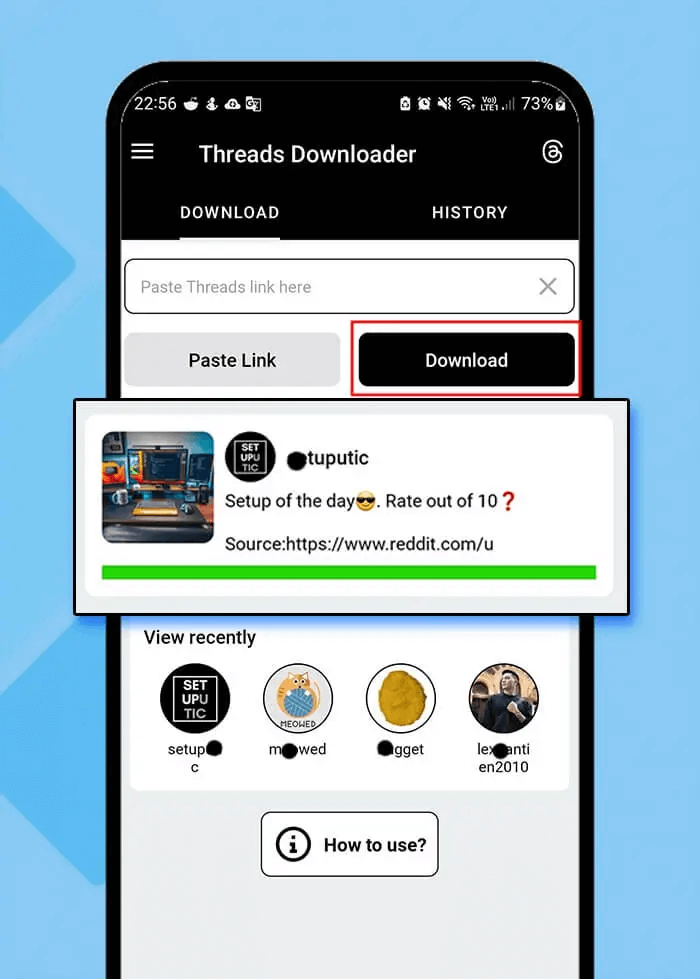 interface de l'application de téléchargement de vidéo Threads sur Android