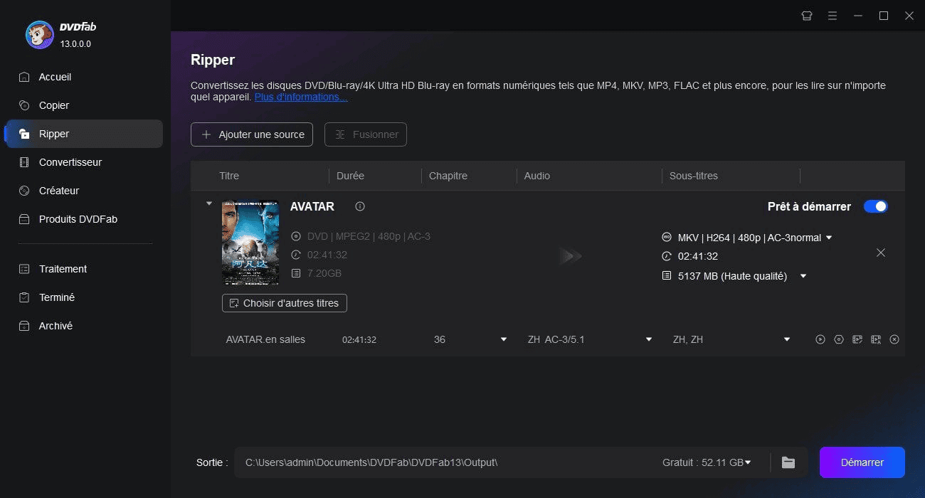 Interface d'utilisation de DVDFab DVD Ripper