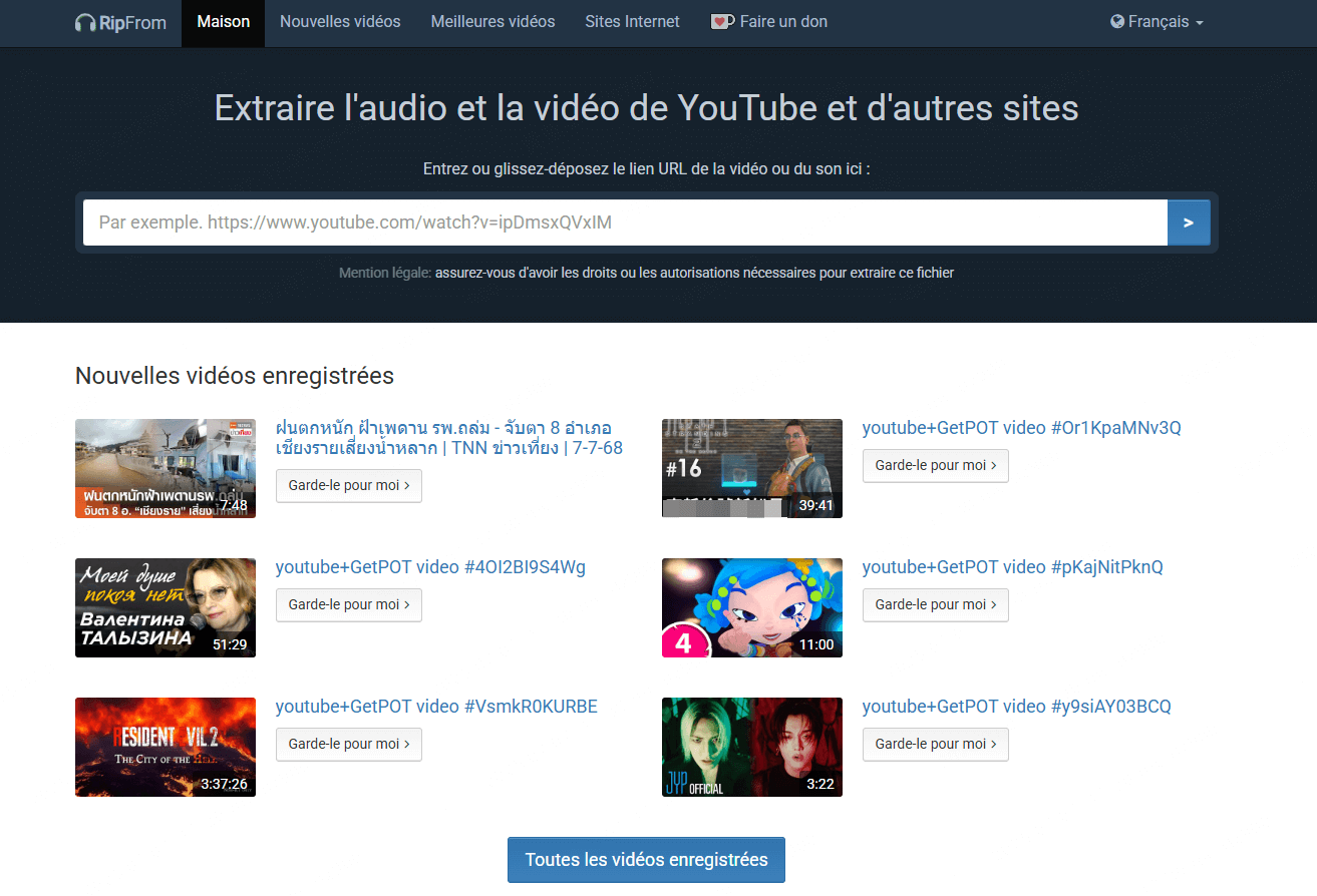 interface de ripfrom, une plateforme de conversion YouTube en MP3 comme Flvto