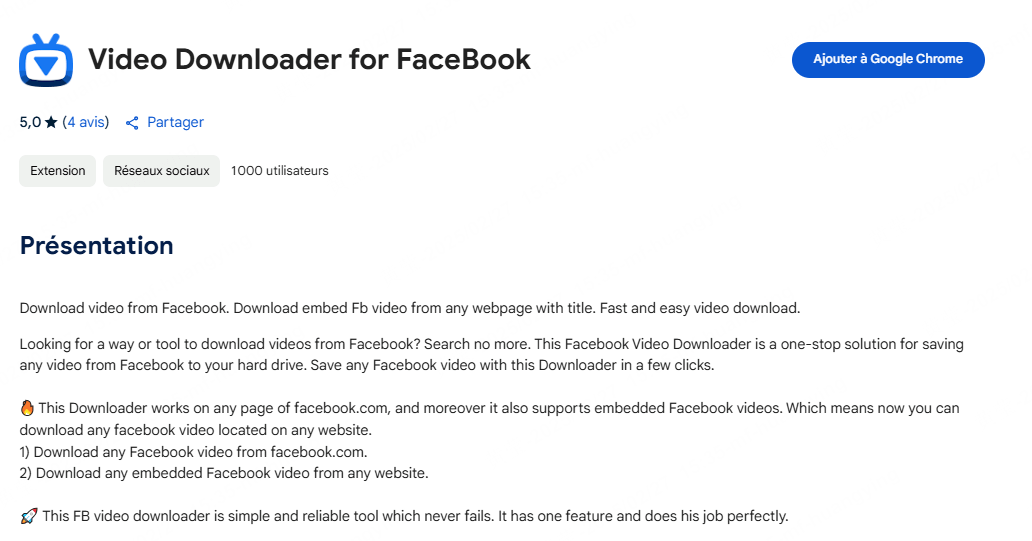 Video Downloader for FaceBook, téléchargeur de vidéos Facebook sur Chrome