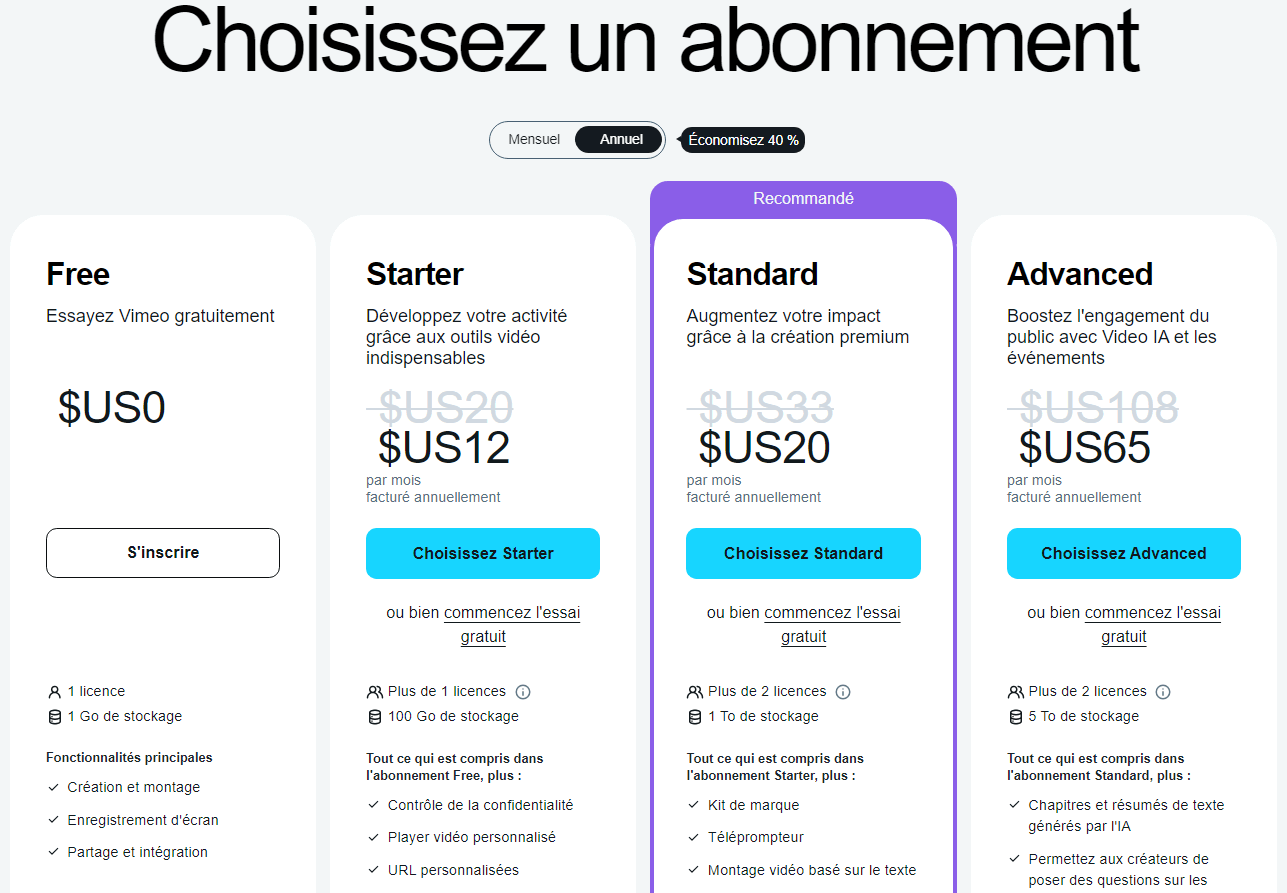 Abonnement au plan officiel Vimeo