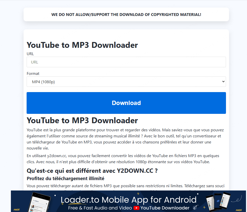 y2down, convertisseur de YouTube en MP3 gratuit