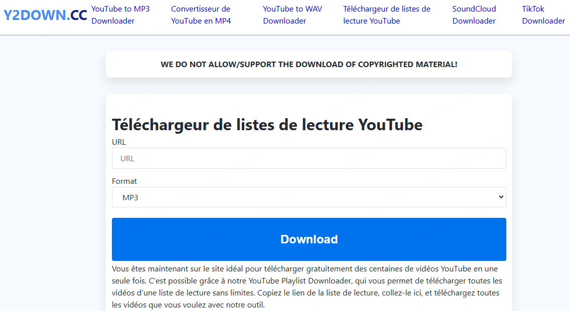 Accédez au site web Y2Down.cc pour télécharger des listes de lecture YouTube en ligne