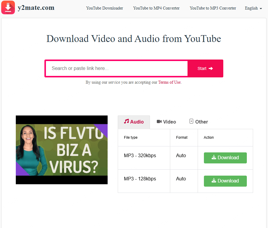 interface de Y2Mate, site web de conversion YouTube en MP3