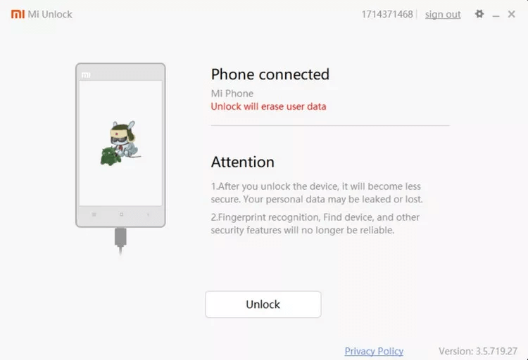 vous connectez à l'outil Mi Unlock