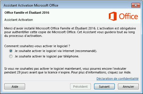 Activer Office 2016 avec des clés de produit