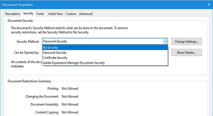 Sélectionner aucun paramètre de sécurité de PDF dans Adobe