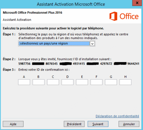 saisir l'identifiant de confirmation pour activer l'Office