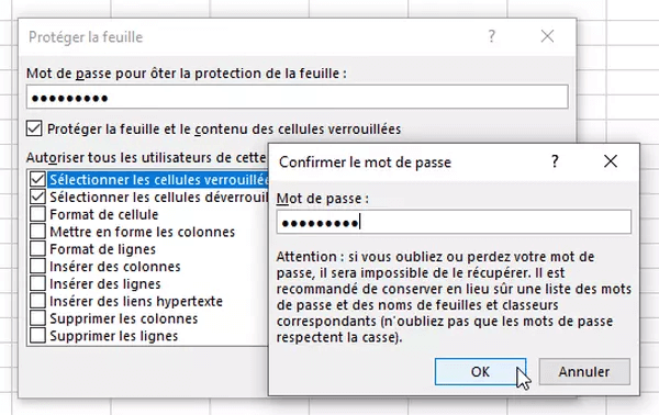 Protection de feuille Excel, sélectionnez les cellules déverrouillées