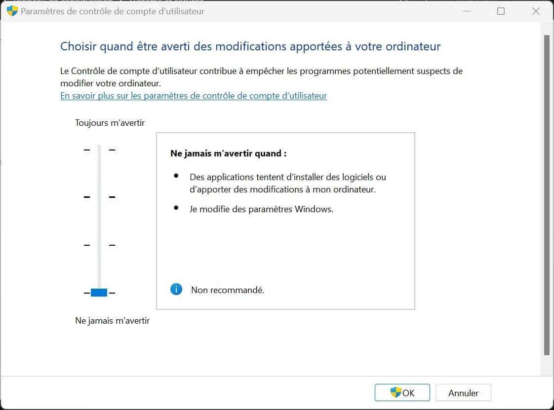 Paramètres de contrôle de compte d'utilisateur windows 7