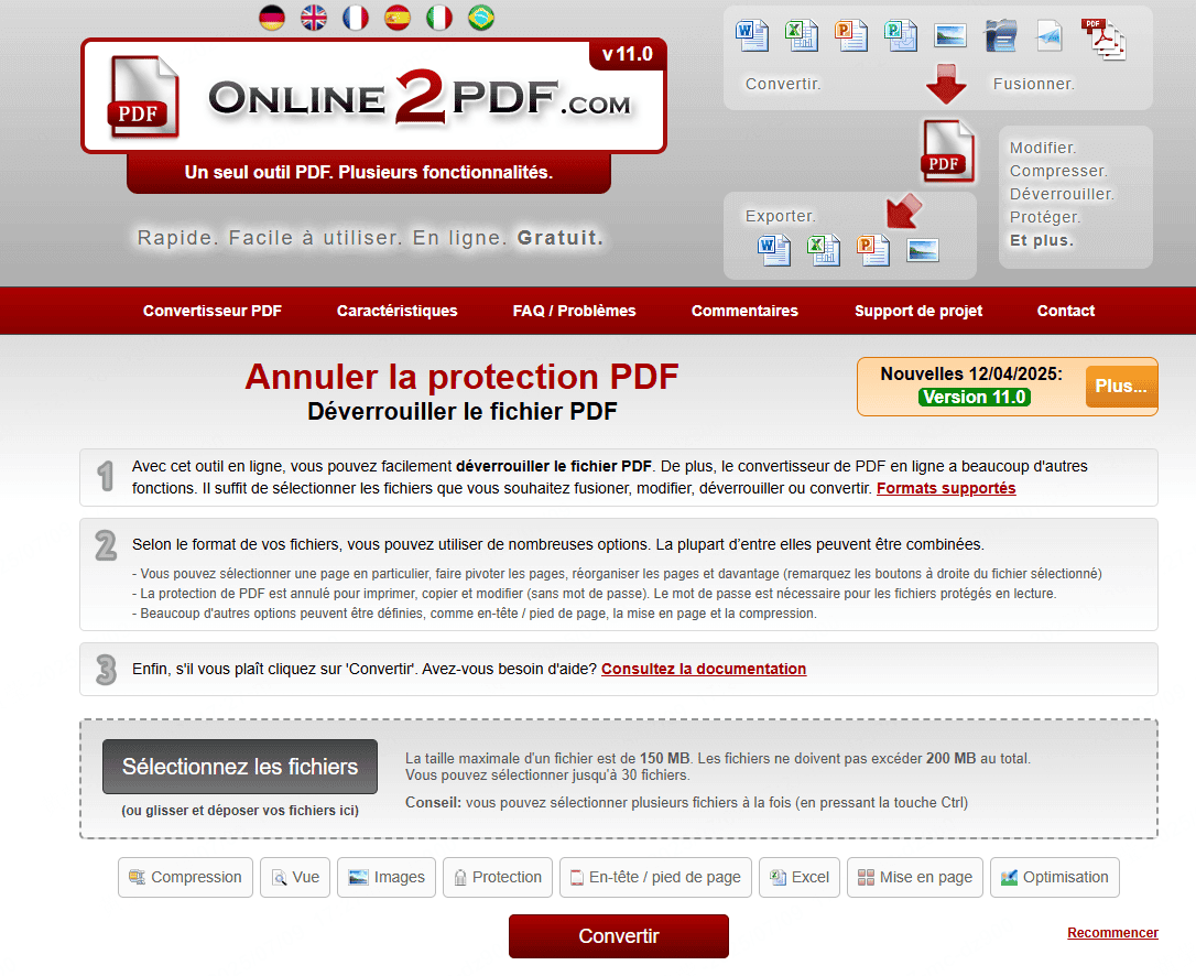 Online2PDF déverrouille les PDF protégés en ligne