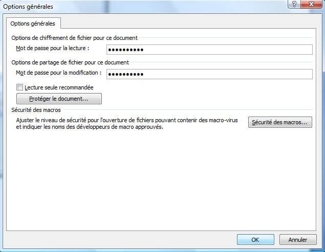 entrez le mot de passe pour ouvrir un fichier verrouillé dans Word 2007 