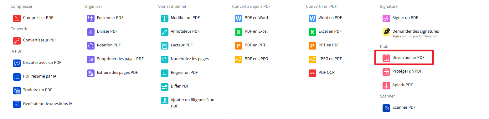 interface du site web Smallpdf, qui peut déverrouiller PDF en ligne