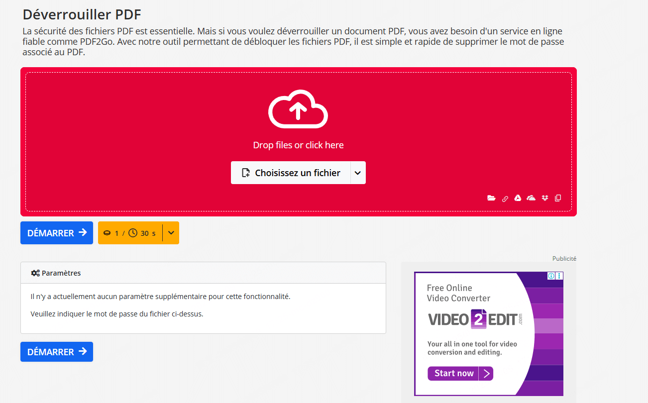 Déverrouiller en ligne le PDF protégé par PDF2Go