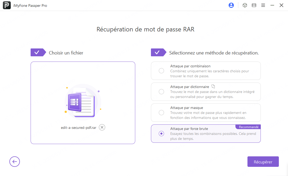 choisir un mode pour récupérer le mot de passe RAR avec Passper Pro