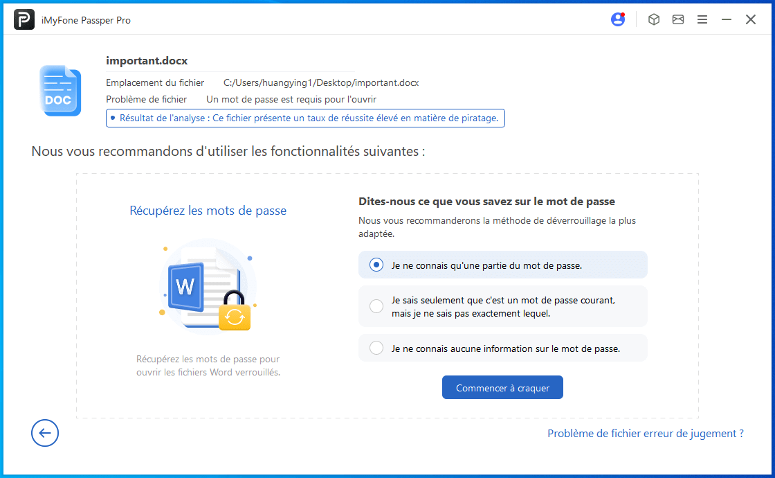 Indiquez le degré de mémorisation de votre mot de passe Word