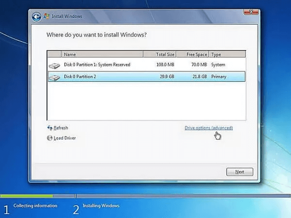 réinstallation de Windows 7