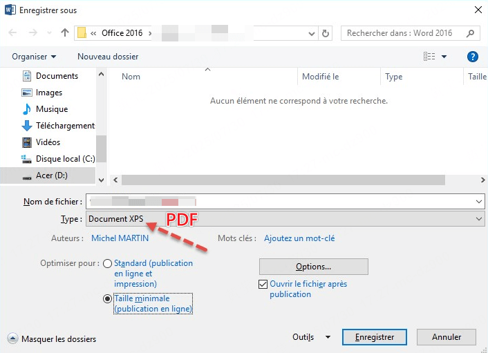 enregistrer au format PDF avec la taille minimale